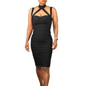 Black Bandage Dress Bodycon Pencil Low Cut Sweetheart LBD Sleeveless Strap Small